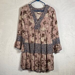 Entro Pink Floral Print Boho Dress with Blue Leopard Accents Large